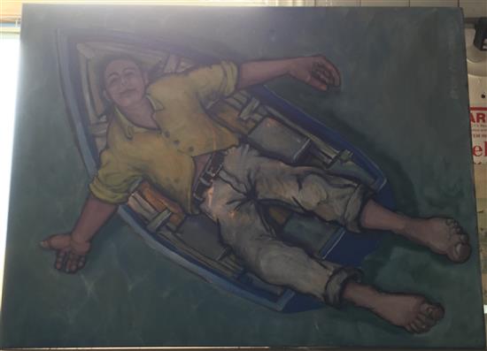 Figurative oil on canvas, boy in a boat